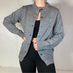 Preppy Embroidered Logo Gray Knit Button Down Cardigan Sweater